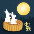 Mid-autumn festival illustration of bunny sitting at moon cakes looking the full moon. Caption: Mid-autumn festival, 15th august