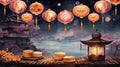 mid autumn festival with lanterns and mooncakes