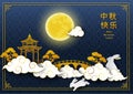 Mid Autumn Festival Or Moon Festival,asian Elements With Rabbit,full Moon,cloud,pavilion And Bridge On Night Blue Background,