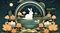 Mid-autumn festival paper cut style with rabbit looking at the full moon near the lotus pond, AI generated