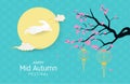 Mid autumn festival with rabbit, moon, and cherry blossom in paper cut style