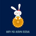 Mid autumn festival rabbit with mooncake isolated element. Chinese traditional moon festival vector