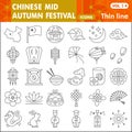 Mid autumn festival thin line icon set, holiday in China symbols collection or sketches. Moon festival linear style