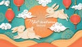 Mid autumn. Happy chinese autumn festival, rabbits and asian flowers and lanterns, moon and clouds, oriental style