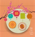 Mid Autumn Lantern Festival background with moon cake and chinese tea