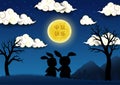 Mid Autumn or Moon Festival,celebrate theme with cute rabbits and full moon on cloudy night background,Chinese translate mean Mid