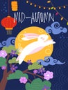 Mid-Autumn poster design with rabbit leaping through a twilight sky at full moon, glowing paper lanterns and colorful