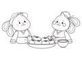 Mid autumn rabbits couple eating food cartoon in black and white