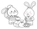 Mid autumn rabbits couple eating food cartoon in black and white