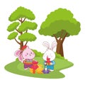 Mid autumn rabbits couple eating food cartoon