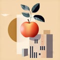 Mid Century Architecture Illustration With Orange Apple And Leaves Royalty Free Stock Photo