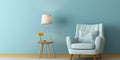 Mid-century armchair and floor lamp near light blue wall. Interior design of modern living room