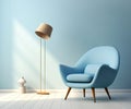 Mid-century armchair and floor lamp near light blue wall. Interior design of modern living room. Created with generative AI