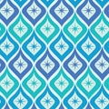 Mid century atomic starbursts on ogee shapes seamless pattern in navy blue, turquoise and denim blue