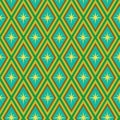 Mid century atomic starbursts on retro geometric diamonds seamless pattern in yellow , green and teal