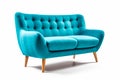 Mid-Century Delight: Teak Wood Leg Sofa with Vibrant Blue Upholstery on White Background Royalty Free Stock Photo