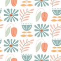 Mid century floral and botanical seamless pattern. Pastel colors pattern of tulip, leaf, flower, daisy