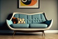 Mid century green accent blue sofa. AI