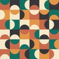 Mid century modern optical half circles seamless pattern in brunt orange, teal , red, black and white.