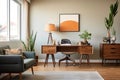 mid-century inspired office space with wooden desk