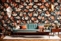 A mid-century inspired sofa in a retro-themed living room with bold wallpaper