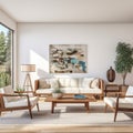 Mid-century interior design of modern living room with white sofa and wooden chairs Royalty Free Stock Photo