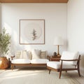 Mid-century interior design of modern living room with white sofa and wooden chairs Royalty Free Stock Photo