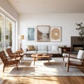 Mid-century interior design of modern living room with white sofa and wooden chairs Royalty Free Stock Photo