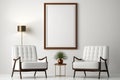 Mid Century Living Room with Two White Armchairs and Blank Photo Frame Mockup - Generative AI Royalty Free Stock Photo