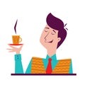 Mid-century man holding a cup of tea or coffee and cheering up. Cartoon 60s style - retro vector illustration. Cafe, coffee shop, Royalty Free Stock Photo