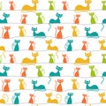 Mid century modern atomic cats seamless pattern.Teal, orange, yellow and green funny cats. Abstract vector background.