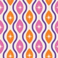 Mid Century modern atomic starbursts seamless pattern on pink and orange ovals ogee shapes between purple waves