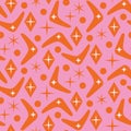 Mid Century Modern Boomerang seamless pattern with atomic retro stars and dots in orange on big background. For home decor,