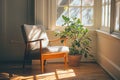 A mid-century modern chair sits in a sun-drenched corner, a potted plant adding life to the quiet space