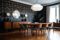 mid-century modern dining room, with sleek and minimalist furniture, art deco lighting fixtures and geometric wallpaper