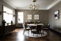 mid-century modern dining room, with sleek and minimalist furniture, art deco lighting fixtures and geometric wallpaper