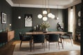 mid-century modern dining room, with sleek and minimalist furniture, art deco lighting fixtures and geometric wallpaper