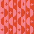 Mid century modern half circles and retro starbursts seamless pattern in pink and orange.