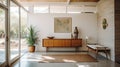 Mid-Century modern home interior vestibule, Featuring clean, organic shapesfunctionality,blends retro modern elements