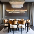 5 A mid-century modern-inspired dining room with a mix of wood and upholstered finishes, a classic chandelier, and a large, form