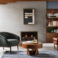 5 A mid-century modern-inspired living room with a mix of wood and leather finishes, a classic fireplace mantle, and a mix of pa Royalty Free Stock Photo