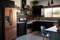mid-century modern kitchen, with sleek black appliances, wooden cabinets, and copper accents
