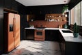 mid-century modern kitchen, with sleek black appliances, wooden cabinets, and copper accents