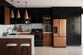 mid-century modern kitchen, with sleek black appliances, wooden cabinets, and copper accents