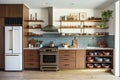 mid-century modern kitchen, with sleek and clean lines, open shelving, and an assortment of chef tools