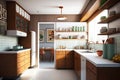 mid-century modern kitchen, with sleek and clean lines, open shelving, and an assortment of chef tools