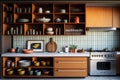 mid-century modern kitchen, with sleek and clean lines, open shelving, and an assortment of chef tools