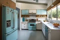 mid-century modern kitchen with vintage appliances and sleek countertops