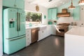 mid-century modern kitchen, with vintage appliances and sleek design elements