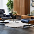 A mid-century modern living room with a classic Eames lounge chair and geometric accents3, Generative AI